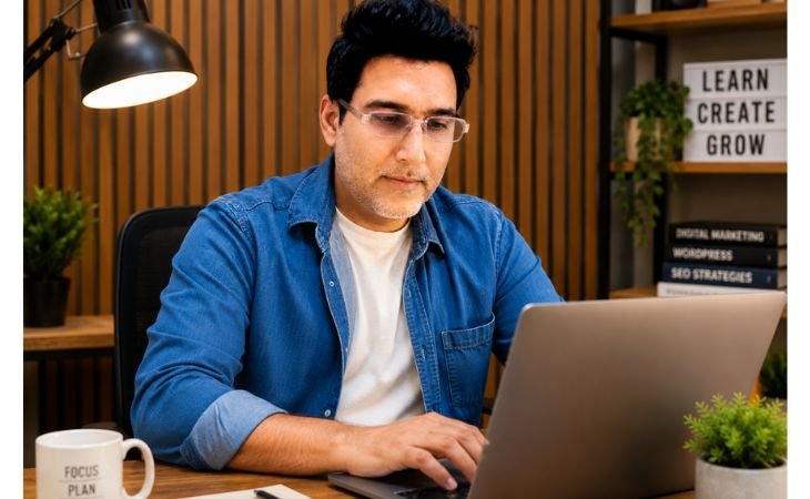 Digital Skills professional blogger Robin Eliezer working on a laptop to create Canva, WordPress, Pinterest, and blogging content