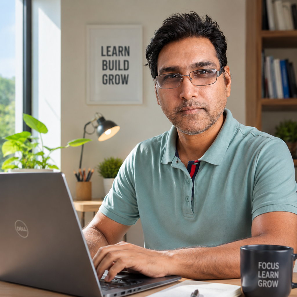 Digital entrepreneur working on a laptop while learning Canva, Pinterest Marketing, WordPress, and Blogging skills