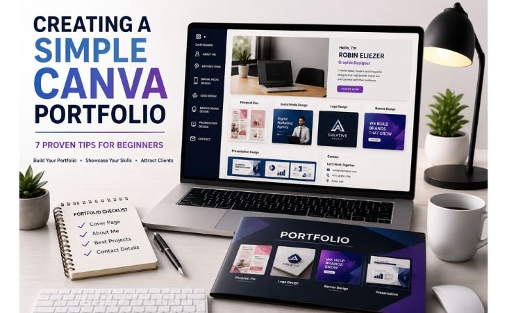 Creating a Simple Canva Portfolio feature image showing a modern freelancer workspace with a laptop displaying a professional portfolio dashboard, portfolio checklist, project samples, and a clean office setup for beginners learning Canva portfolio design.