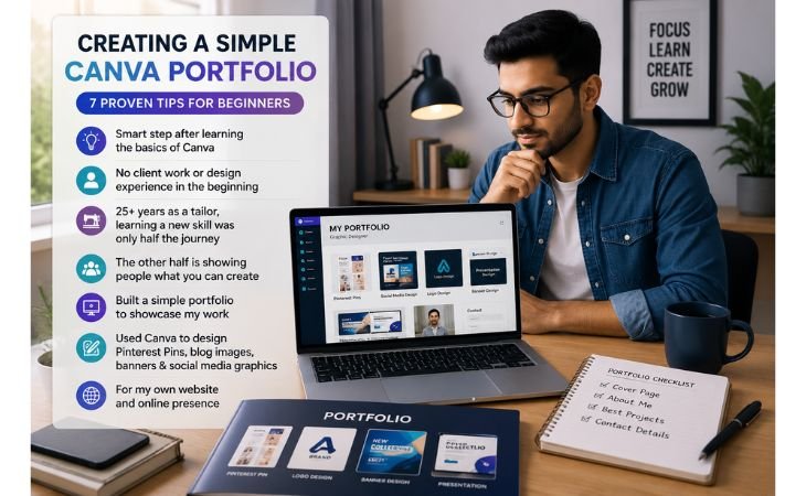 Creating a Simple Canva Portfolio image showing a beginner freelancer working in a modern office with a laptop displaying a professional portfolio dashboard. The image highlights a personal journey from tailoring to digital design using Canva and building a creative portfolio.