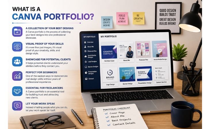Creating a Simple Canva Portfolio image explaining what a Canva portfolio is, featuring a modern workspace with a laptop displaying a professional portfolio dashboard, portfolio cover, Pinterest Pins, logo designs, banner designs, presentations, and contact information for beginner freelancers.