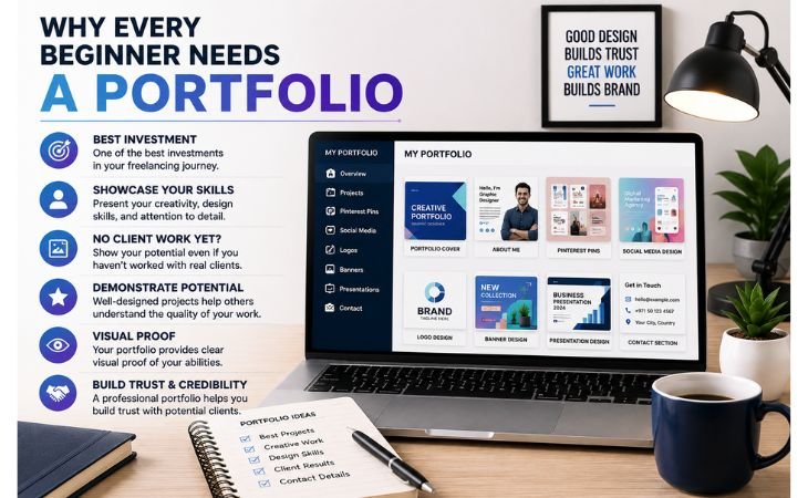 Creating a Simple Canva Portfolio image showing why every beginner needs a professional portfolio, featuring a modern freelancer workspace with a laptop displaying portfolio projects, Pinterest Pins, logo designs, banner designs, presentations, and contact information.