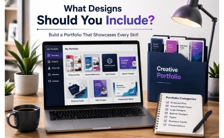 Creating a Simple Canva Portfolio image showing a modern freelancer workspace with a laptop displaying a professional portfolio containing Pinterest Pins, social media posts, logo designs, banner designs, business cards, flyer designs, and presentation slides.