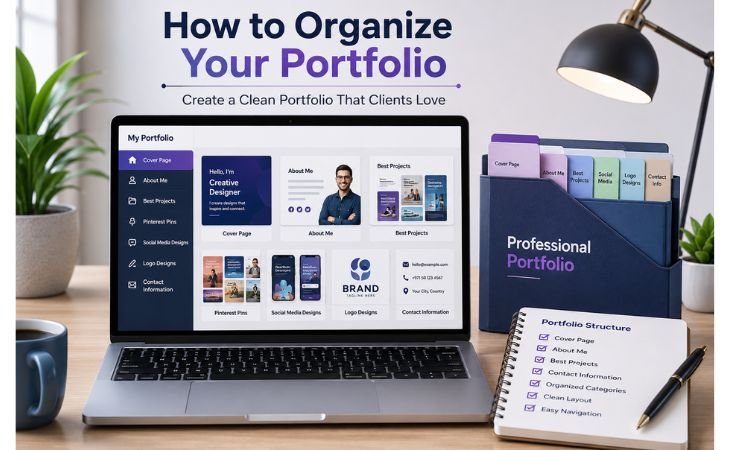 Creating a Simple Canva Portfolio image showing a modern freelancer workspace with a laptop displaying a well-organized portfolio layout, including a cover page, About Me section, best projects, Pinterest Pins, logo designs, social media designs, and contact information.