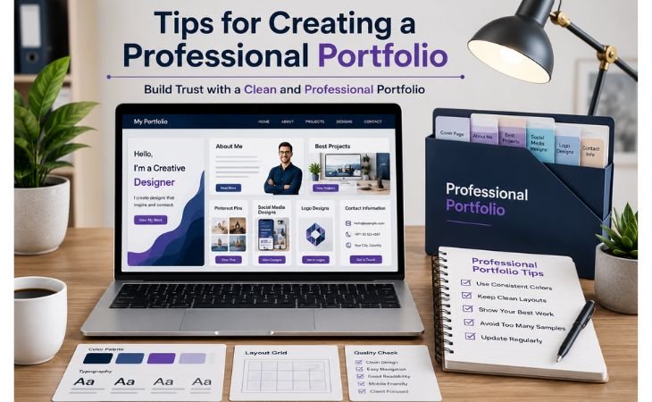 Creating a Simple Canva Portfolio image showing a modern freelancer workspace with a professional portfolio on a laptop, portfolio folder, color palette, typography guide, layout grid, quality checklist, and design organization tips for beginners.