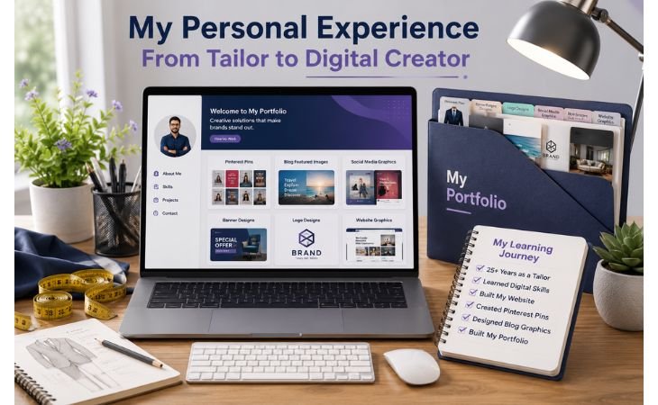 Creating a Simple Canva Portfolio image showing a modern freelancer workspace with a laptop displaying a personal portfolio, Pinterest Pins, blog featured images, website graphics, and a learning journey from tailor to digital creator.