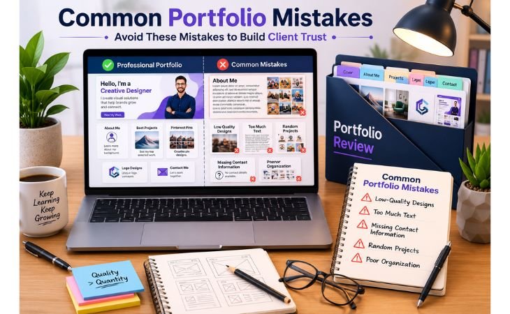 Creating a Simple Canva Portfolio image showing a modern freelancer workspace with a laptop comparing a professional portfolio and common portfolio mistakes, including low-quality designs, too much text, missing contact information, random projects, and poor organization.