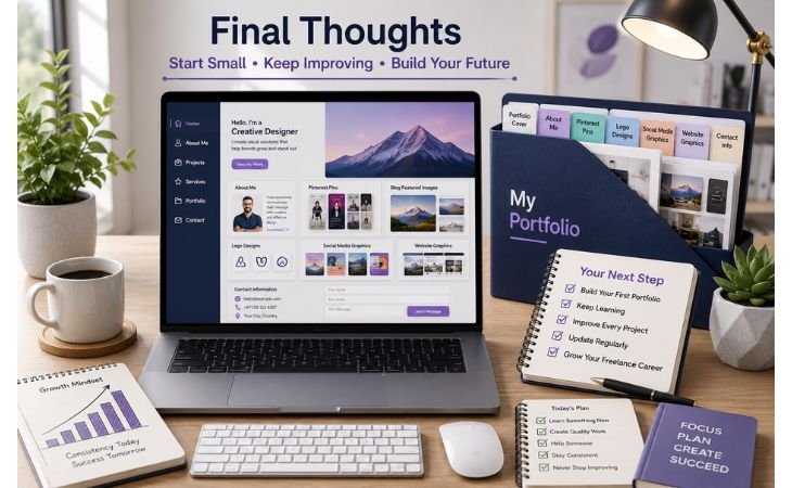 Creating a Simple Canva Portfolio image showing a modern freelancer workspace with a completed portfolio on a laptop, a motivational checklist, portfolio folder, and learning resources encouraging beginners to start building their freelance portfolio.