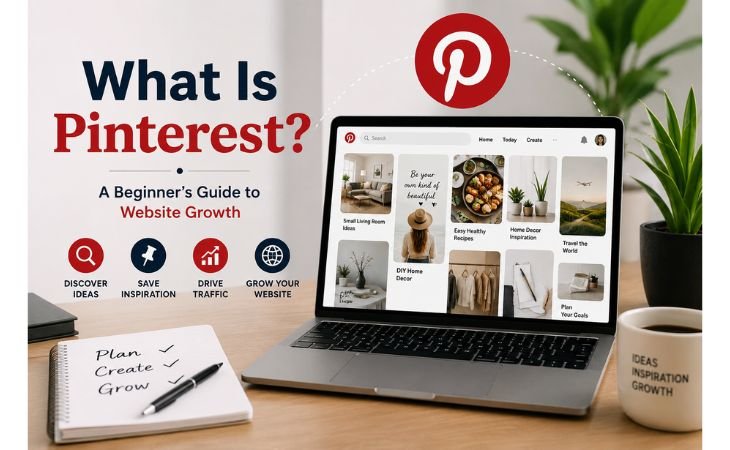 What Is Pinterest feature image showing a modern workspace, Pinterest dashboard, and website growth strategy for beginners