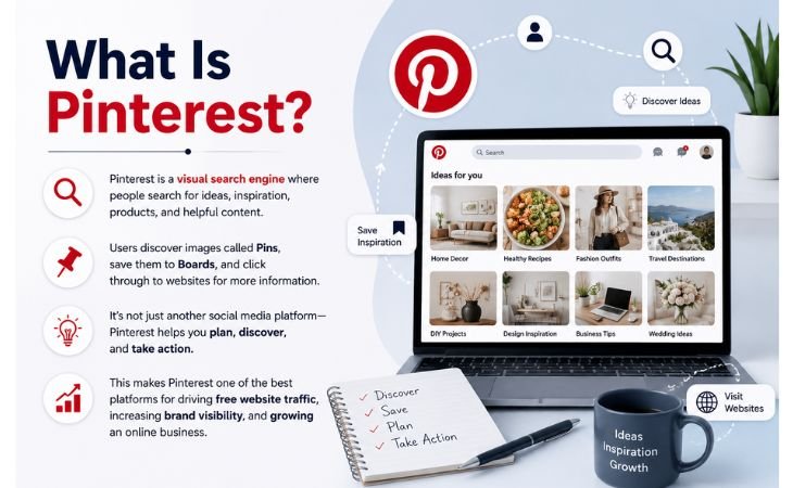 What Is Pinterest feature image showing a modern workspace, Pinterest dashboard, and website growth strategy for beginners
