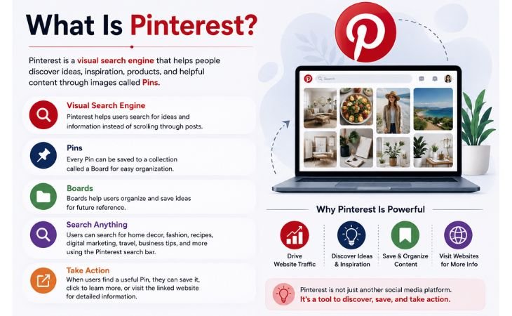 What Is Pinterest educational infographic explaining visual search engine, Pins, Boards, and website traffic with a modern laptop illustration
