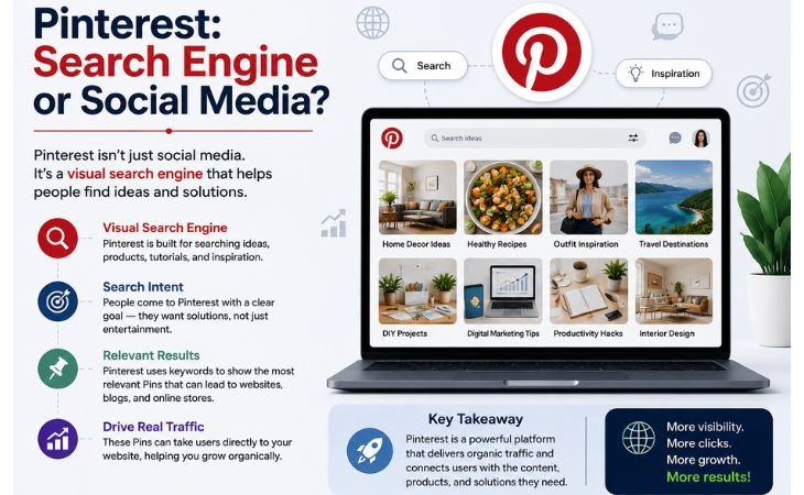 What Is Pinterest infographic comparing Pinterest as a visual search engine and social media platform with search intent, Pins, and website traffic
