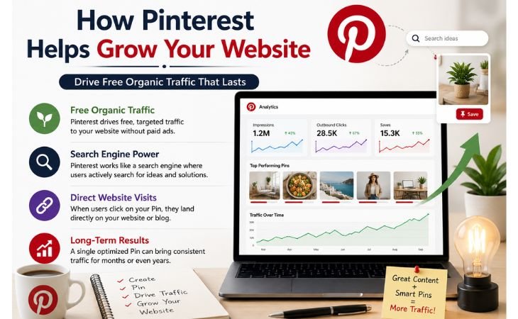 What Is Pinterest infographic showing free organic traffic, direct website visits, optimized Pins, and long-term website growth
