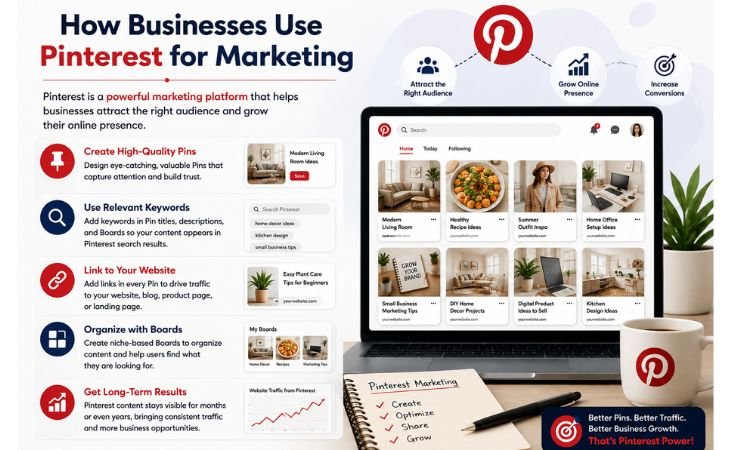 What Is Pinterest infographic showing Pinterest marketing strategy, high-quality Pins, keyword optimization, website links, and business growth
