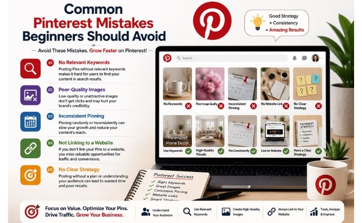 What Is Pinterest infographic showing common Pinterest mistakes such as missing keywords, poor-quality images, inconsistent pinning, and not linking Pins to a website
