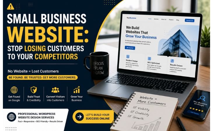 Small Business Website illustration showing a professional WordPress business website designed to help small businesses attract more customers and grow online.