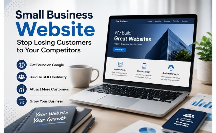 Small Business Website illustration showing a professional WordPress website helping businesses increase visibility, build trust, and attract more customers online.