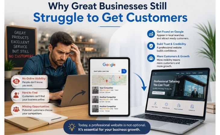 Small Business Website illustration showing a business owner struggling to attract customers because of poor online visibility while a professional website improves trust and business growth.