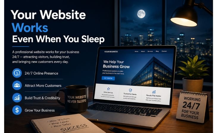Small Business Website illustration showing a professional website working 24/7 to attract customers, build trust, and generate leads even while the business owner sleeps.