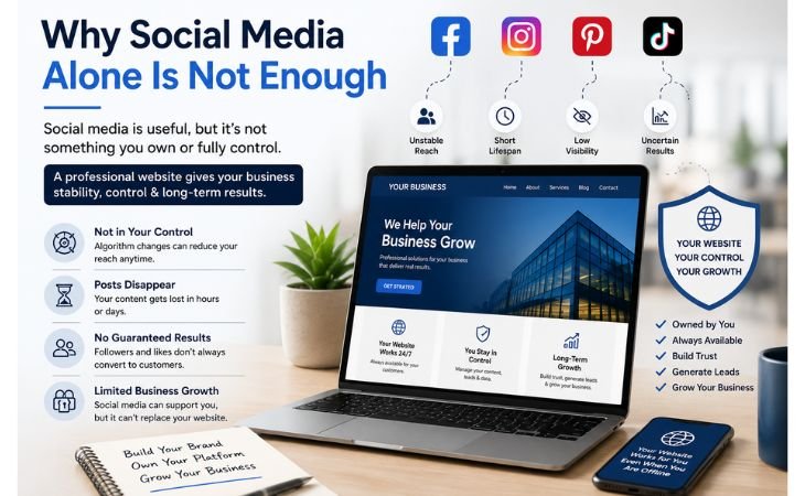 Small Business Website illustration comparing social media platforms with a professional website, showing how a website provides better control, stability, and long-term business growth.