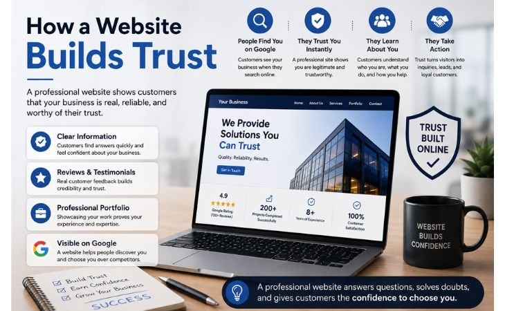 Small Business Website illustration showing how a professional website builds customer trust through clear business information, reviews, portfolio, and Google visibility.