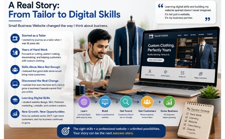 Small Business Website illustration showing the journey from tailor to digital skills, highlighting website design, SEO, Pinterest marketing, and online business growth.