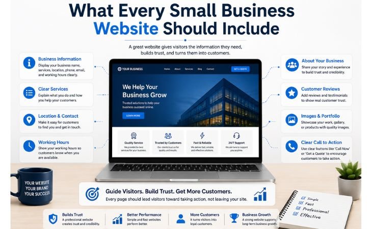 Small Business Website infographic showing the essential features every professional business website should include, such as business information, services, customer reviews, contact details, portfolio, and call-to-action buttons.