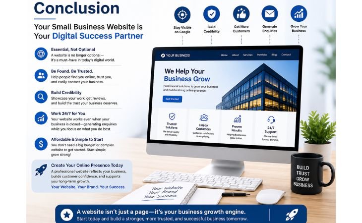 Small Business Website infographic summarizing the key benefits of a professional website, including Google visibility, customer trust, credibility, lead generation, and long-term business growth.