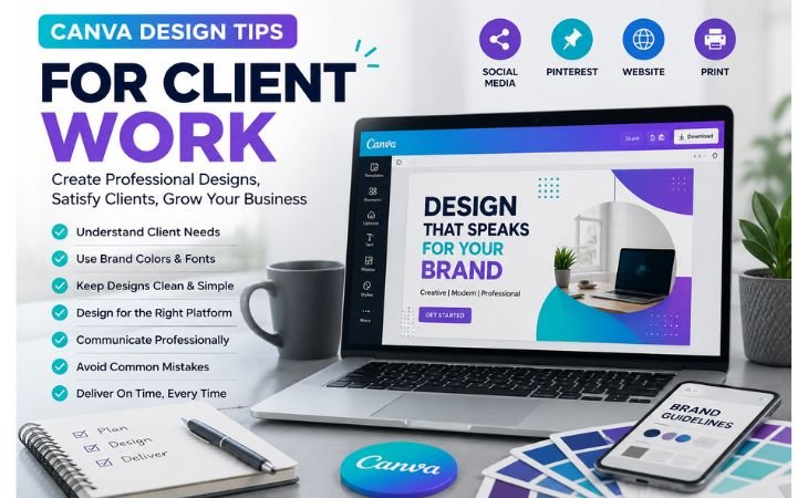 Canva Design Tips for Client Work showing a modern workspace with a laptop, client branding, social media, Pinterest, website, and print design elements.