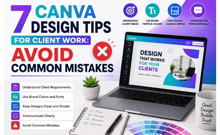 7 Canva Design Tips for Client Work infographic showing a professional workspace with a laptop, branding elements, client design tips, and common Canva design mistakes to avoid.