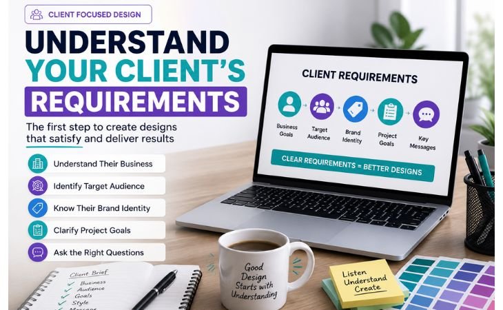 Canva Design Tips for Client Work showing a professional workspace with a client requirements checklist, branding, business goals, target audience, and project planning.