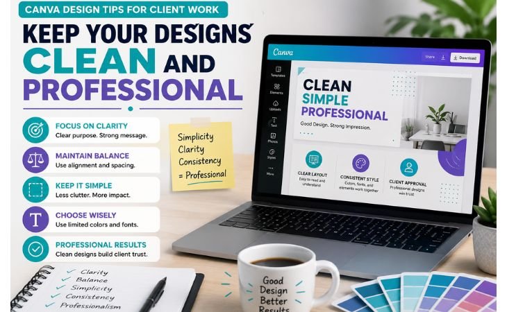 Canva Design Tips for Client Work showing a clean and professional workspace with a laptop, simple layout, balanced colors, typography, and modern design elements.