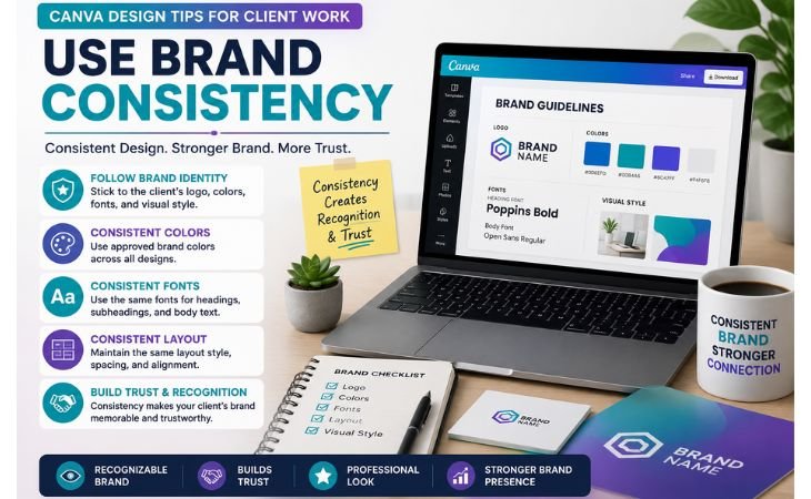 Canva Design Tips for Client Work showing brand consistency with logo, brand colors, fonts, visual identity, and professional branding guidelines.