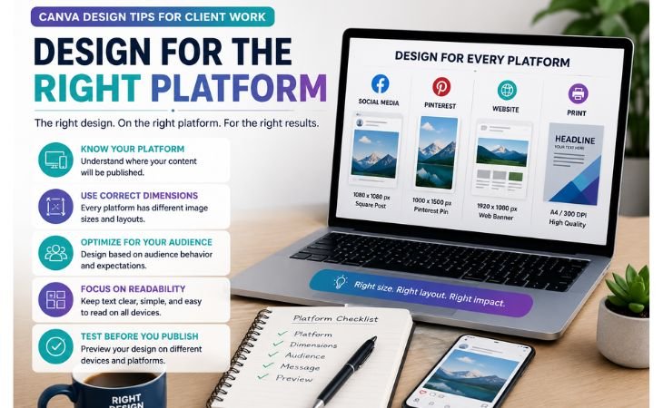 Canva Design Tips for Client Work showing platform-specific design for social media, Pinterest, websites, and print with the correct layouts and dimensions.
