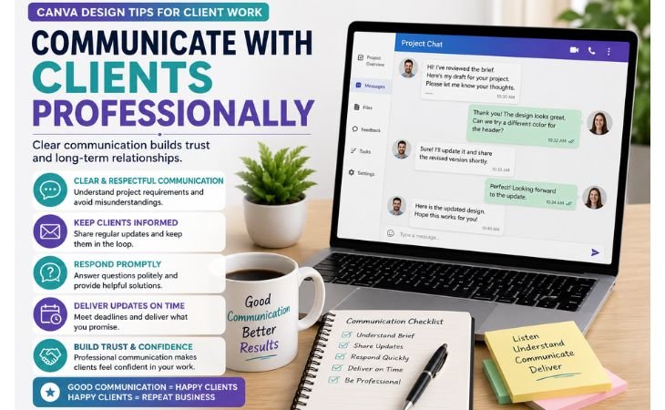 Canva Design Tips for Client Work showing professional client communication, project updates, feedback, revisions, and collaboration in a modern workspace.