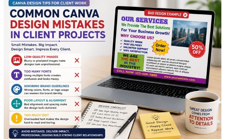 Canva Design Tips for Client Work showing common Canva design mistakes such as low-quality images, too many fonts, poor layout, and ignoring brand guidelines.