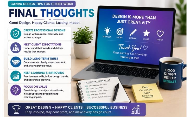 Canva Design Tips for Client Work final thoughts infographic showing professional design, client satisfaction, continuous learning, and long-term success.