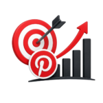 Pinterest Marketing Growth icon featuring a Pinterest logo, SEO target, growth chart, and upward arrow representing organic website traffic and search visibility.