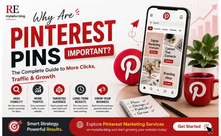 Why Are Pinterest Pins Important infographic showing how Pinterest Pins increase website traffic, improve Pinterest SEO, grow brand visibility, and drive long-term organic traffic.