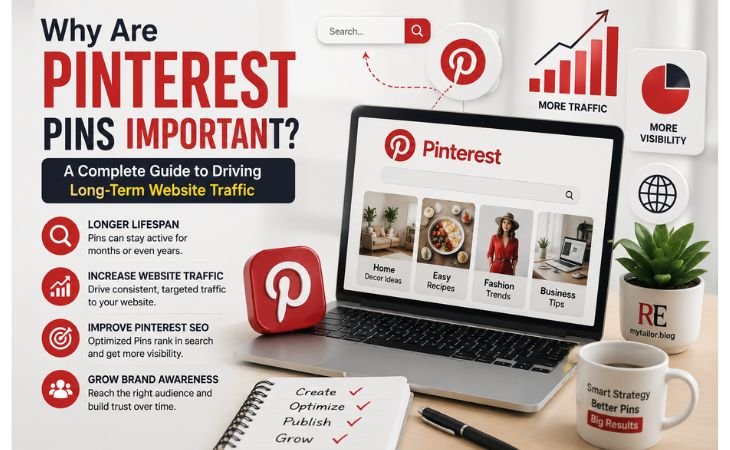 Why Are Pinterest Pins Important infographic showing how Pinterest Pins improve website traffic, Pinterest SEO, brand awareness, and long-term organic growth through visual search marketing.
