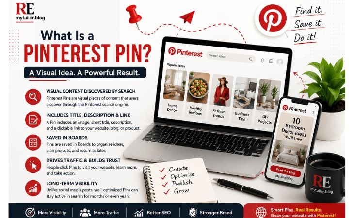 Why Are Pinterest Pins Important infographic explaining what a Pinterest Pin is, how Pinterest Pins work, how they appear in search results, and how they drive organic website traffic through Pinterest SEO.