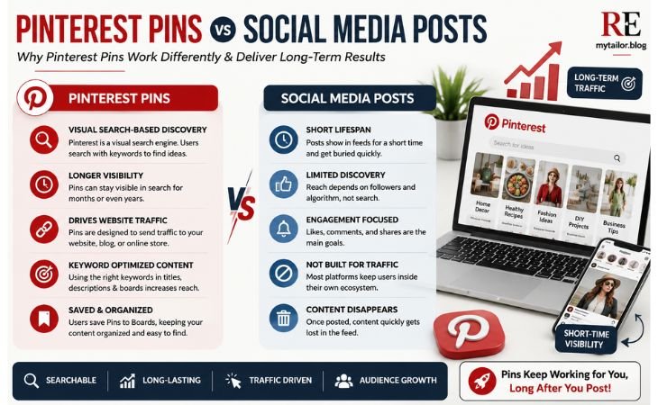 Why Are Pinterest Pins Important infographic comparing Pinterest Pins and social media posts, highlighting long-term search visibility, Pinterest SEO, keyword optimization, and organic website traffic benefits.