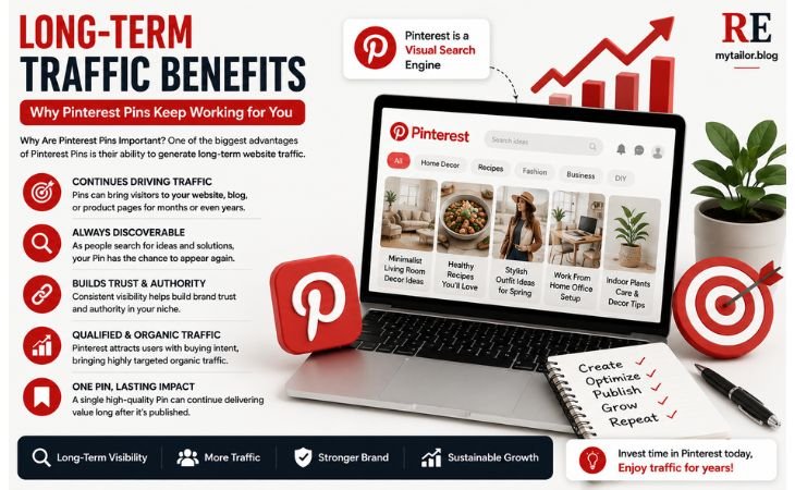 Why Are Pinterest Pins Important infographic showing how Pinterest Pins generate long-term organic website traffic, improve Pinterest SEO, increase search visibility, and help websites attract visitors for months or even years.