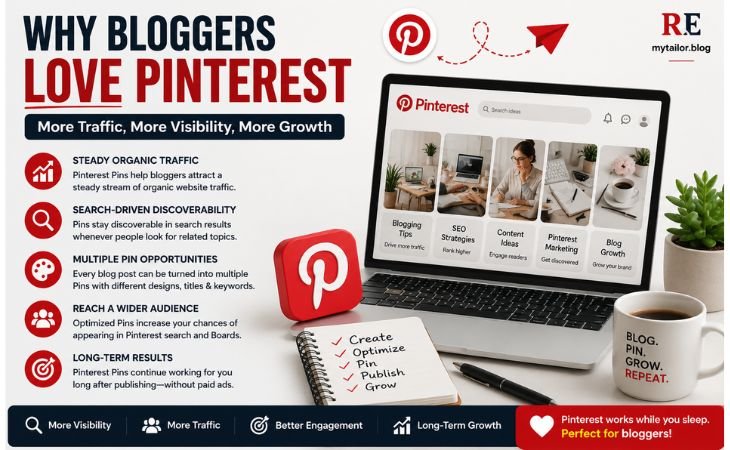 Why Are Pinterest Pins Important infographic explaining why bloggers use Pinterest to increase organic website traffic, improve Pinterest SEO, reach new readers, and grow their blogs through visual search.