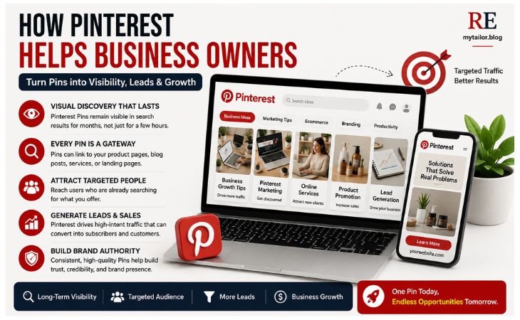 Why Are Pinterest Pins Important infographic showing how Pinterest helps business owners increase brand visibility, generate qualified leads, drive organic website traffic, and grow their business through Pinterest SEO.