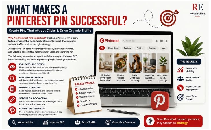 Why Are Pinterest Pins Important infographic showing the key elements of a successful Pinterest Pin, including eye-catching design, relevant keywords, high-quality images, clear call to action, and Pinterest SEO strategies for long-term website traffic.