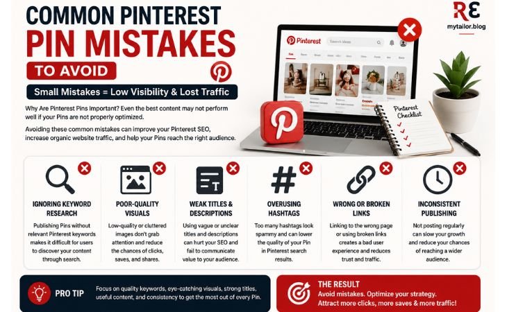 Why Are Pinterest Pins Important infographic highlighting common Pinterest Pin mistakes such as ignoring keyword research, using low-quality visuals, weak titles, broken links, excessive hashtags, and inconsistent publishing that reduce Pinterest SEO and website traffic.
