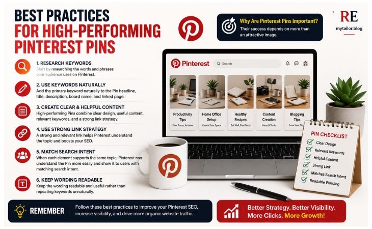 Why Are Pinterest Pins Important infographic showing the best practices for creating high-performing Pinterest Pins, including keyword research, clear design, helpful content, strong link strategy, search intent optimization, and Pinterest SEO.