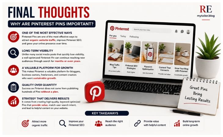 Why Are Pinterest Pins Important infographic summarizing how Pinterest Pins drive long-term organic website traffic, improve Pinterest SEO, increase online visibility, and help bloggers, freelancers, and business owners achieve sustainable growth.