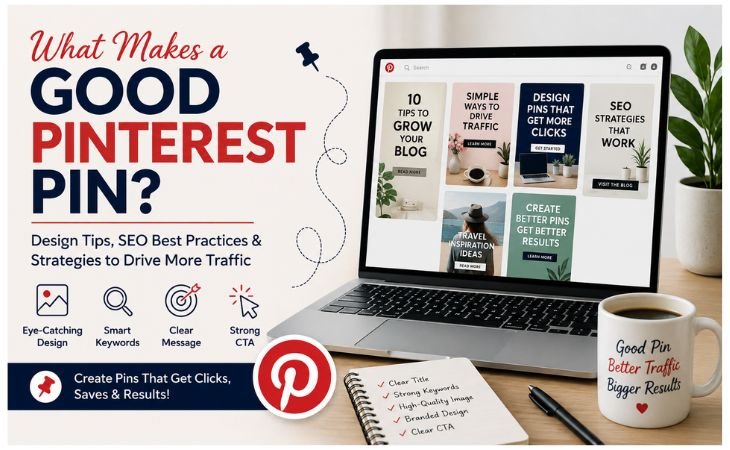 What Makes a Good Pinterest Pin illustration showing professional Pinterest Pin design, SEO keywords, high-quality graphics, strong CTA, and website traffic strategy.
